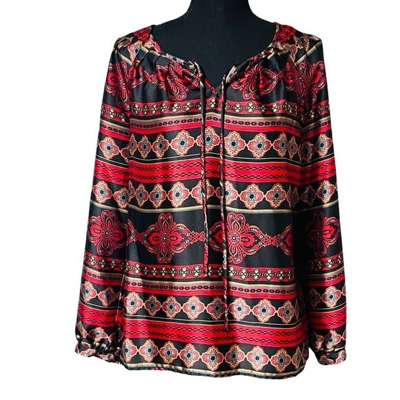 Jones New York Red and Black Silky Peasant Top - Petite N0388 - Picture 1 of 7